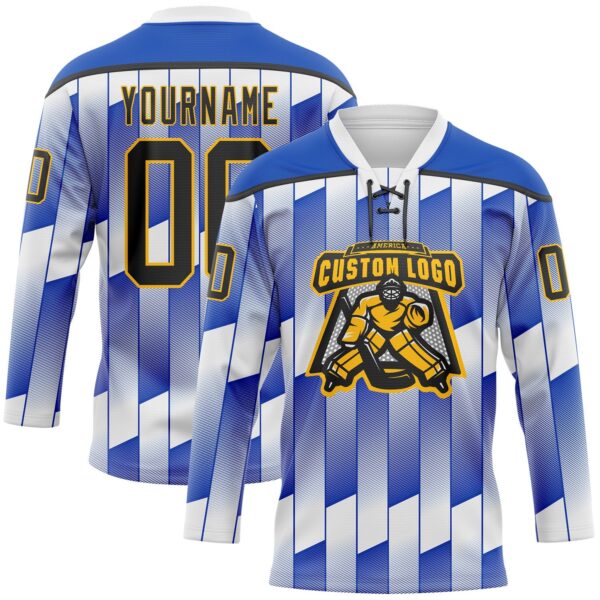 Custom White Black Thunder Blue-Gold Stripe Gradient Hockey Lace Neck Jersey