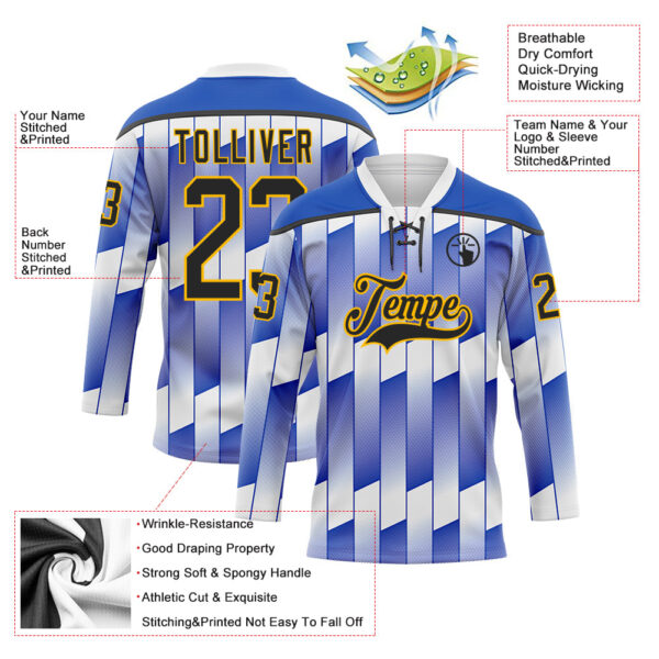 Custom White Black Thunder Blue-Gold Stripe Gradient Hockey Lace Neck Jersey