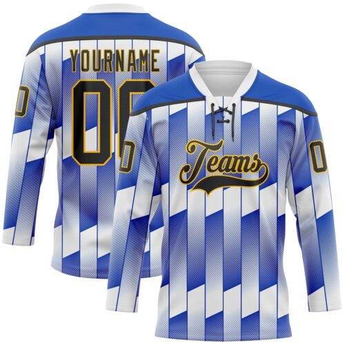 3DPattern11795 Custom White Black Thunder Blue-Gold Stripe Gradient Hockey Lace Neck Jersey