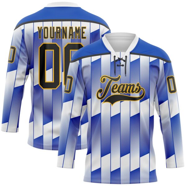 Custom White Black Thunder Blue-Gold Stripe Gradient Hockey Lace Neck Jersey