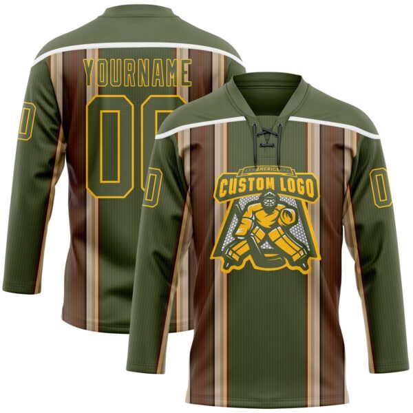 Custom Olive Brown Cream Gold-White Stripe Hockey Lace Neck Jersey