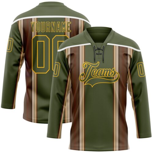 3DPattern11796 Custom Olive Brown Cream Gold-White Stripe Hockey Lace Neck Jersey