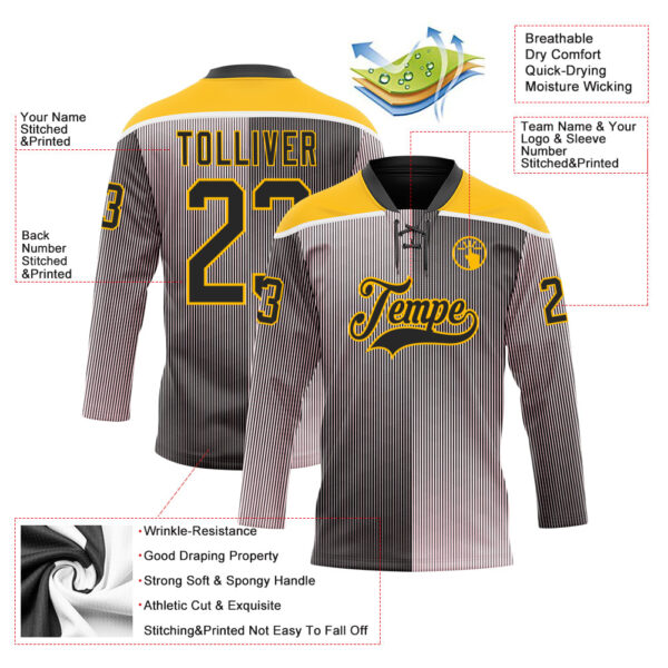 Custom Black Pink Gold-White Stripe Gradient Hockey Lace Neck Jersey