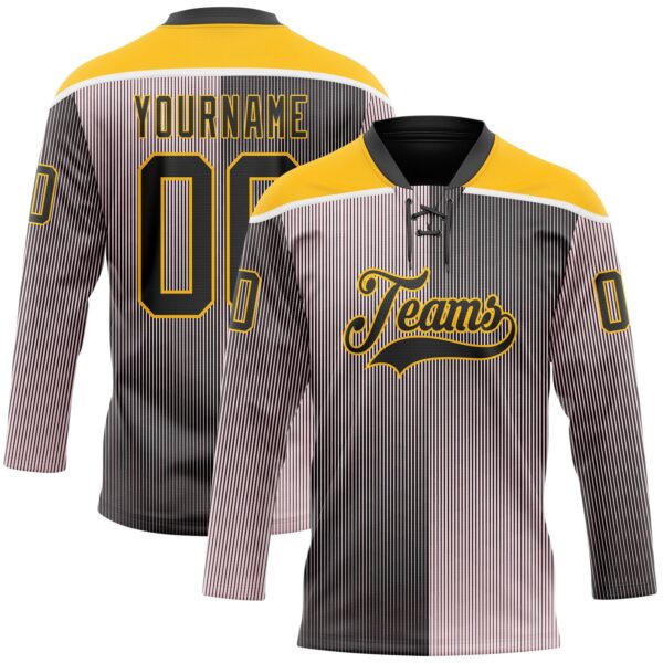 Custom Black Pink Gold-White Stripe Gradient Hockey Lace Neck Jersey