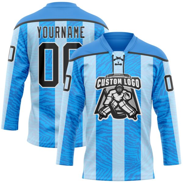 Custom Blue Black Powder Blue-White Stripe Hockey Lace Neck Jersey