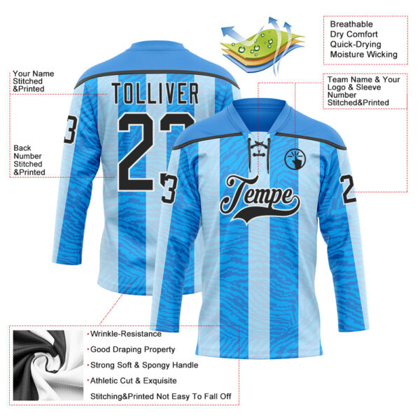 Custom Blue Black Powder Blue-White Stripe Hockey Lace Neck Jersey