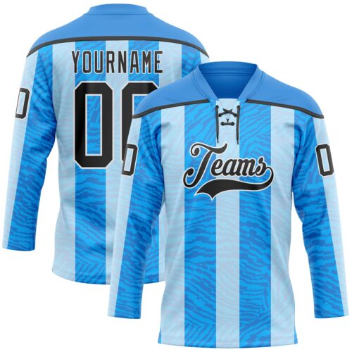 Custom Blue Black Powder Blue-White Stripe Hockey Lace Neck Jersey