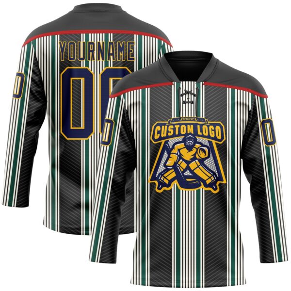 Custom Black Navy Green Red Gold-White Stripe Hockey Lace Neck Jersey