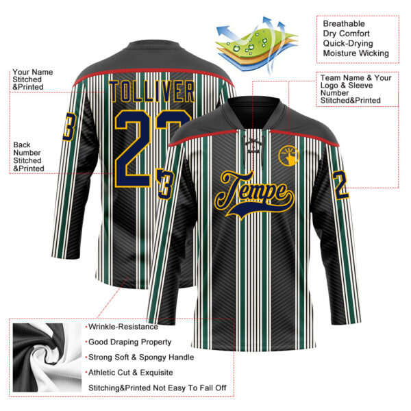 Custom Black Navy Green Red Gold-White Stripe Hockey Lace Neck Jersey
