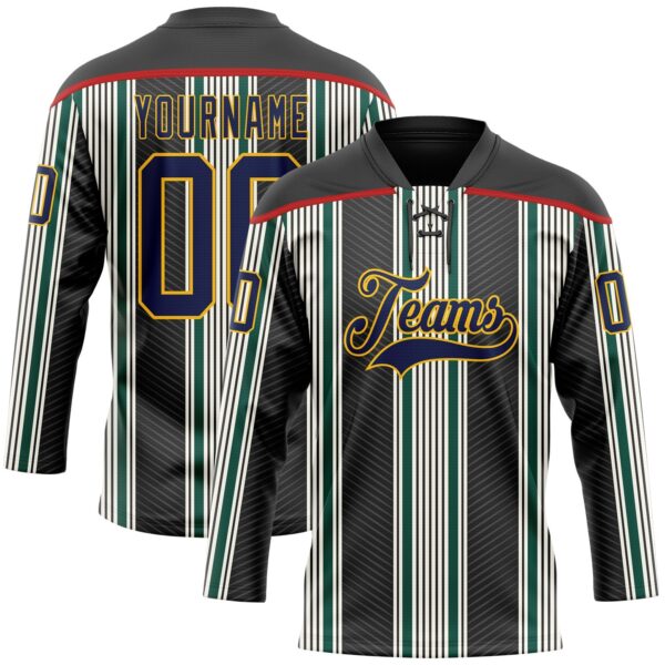 Custom Black Navy Green Red Gold-White Stripe Hockey Lace Neck Jersey