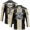 Custom Black Cream-White Stripe Hockey Lace Neck Jersey