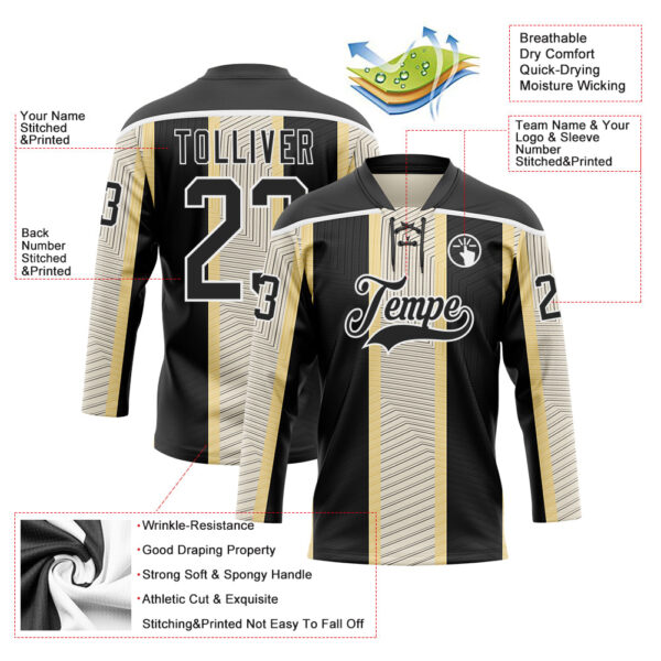 Custom Black Cream-White Stripe Hockey Lace Neck Jersey