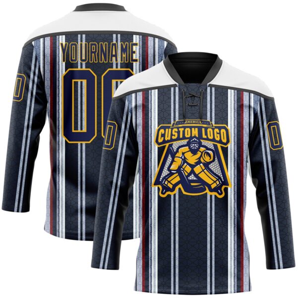 Custom Black Navy Red Gold-White Stripe Hockey Lace Neck Jersey
