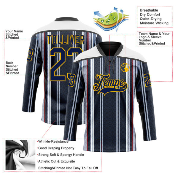Custom Black Navy Red Gold-White Stripe Hockey Lace Neck Jersey