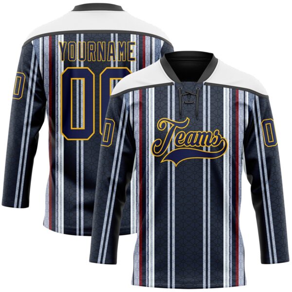 Custom Black Navy Red Gold-White Stripe Hockey Lace Neck Jersey