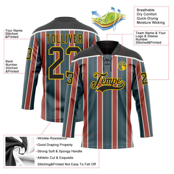 Custom Green Black Red Yellow-White Stripe Hockey Lace Neck Jersey