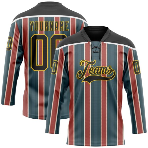 Custom Green Black Red Yellow-White Stripe Hockey Lace Neck Jersey