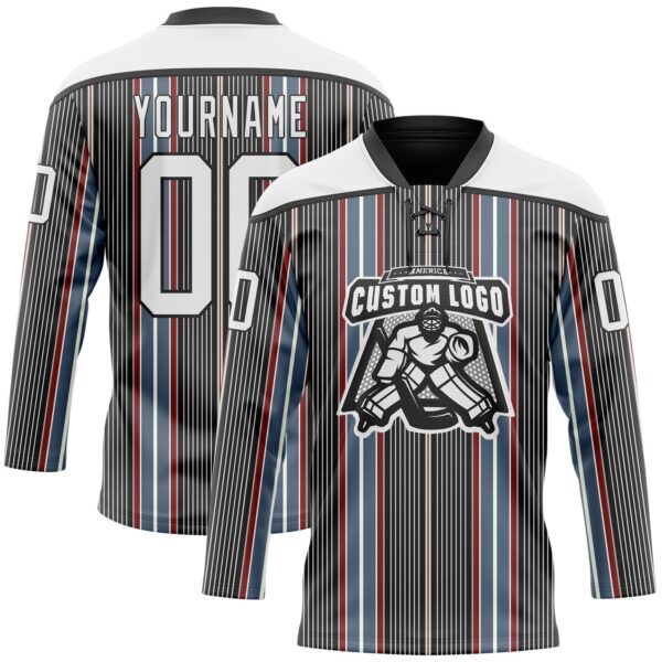 Custom Black White Red-Blue Stripe Hockey Lace Neck Jersey