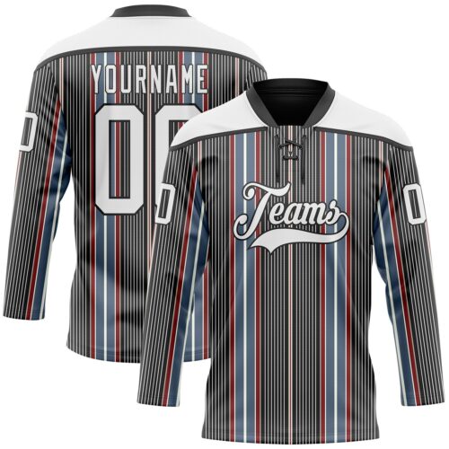 3DPattern11803 Custom Black White Red-Blue Stripe Hockey Lace Neck Jersey