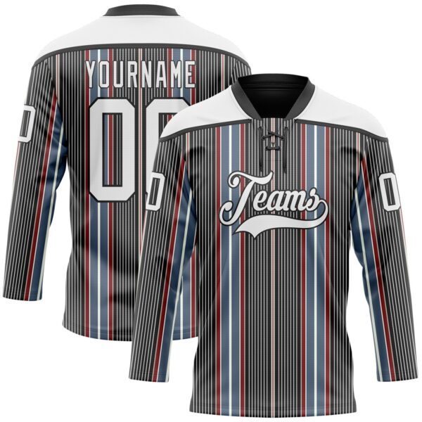Custom Black White Red-Blue Stripe Hockey Lace Neck Jersey