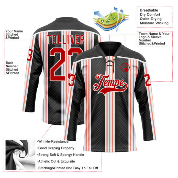 Custom Black Red Pink-White Stripe Hockey Lace Neck Jersey