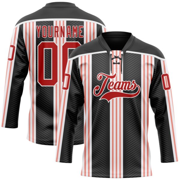 Custom Black Red Pink-White Stripe Hockey Lace Neck Jersey