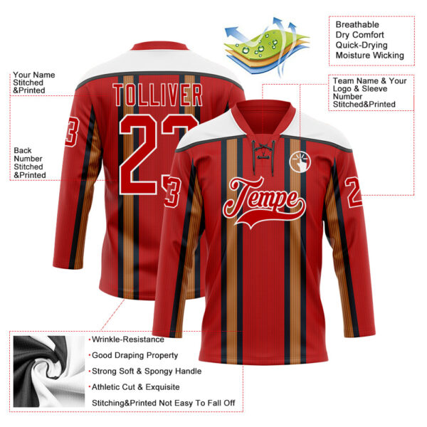 Custom Red Old Gold Black-White Stripe Hockey Lace Neck Jersey