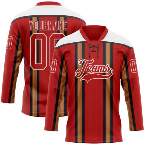 Custom Red Old Gold Black-White Stripe Hockey Lace Neck Jersey
