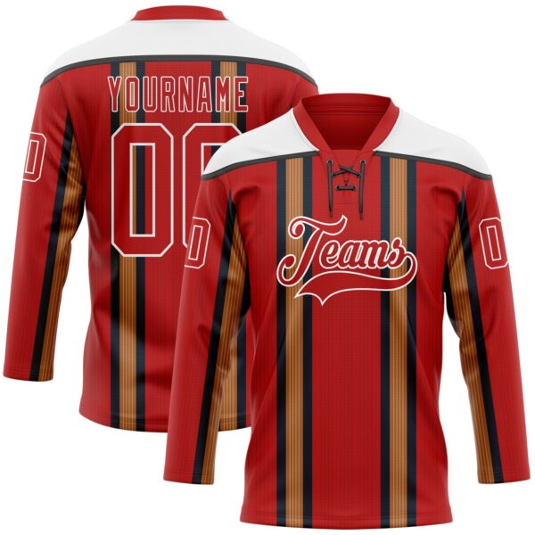 Custom Red Old Gold Black-White Stripe Hockey Lace Neck Jersey