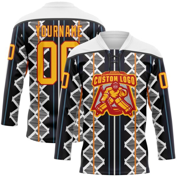 Custom Black Gold Blue Red-White Stripe Geometric Hockey Lace Neck Jersey