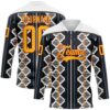 Custom Black Gold Blue Red-White Stripe Geometric Hockey Lace Neck Jersey