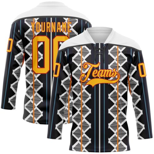 Custom Black Gold Blue Red-White Stripe Geometric Hockey Lace Neck Jersey