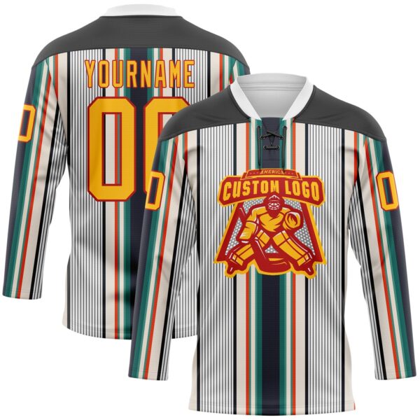 Custom White Gold Black Cream Green-Red Stripe Hockey Lace Neck Jersey