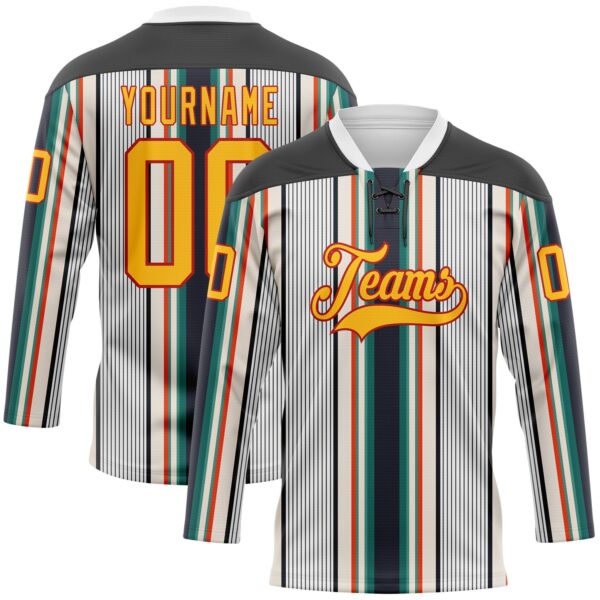Custom White Gold Black Cream Green-Red Stripe Hockey Lace Neck Jersey