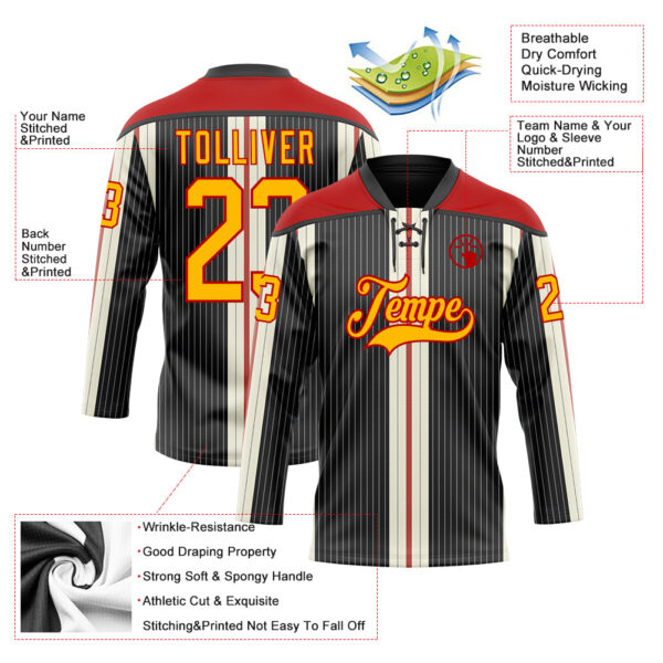 Custom Black Gold Cream-Red Stripe Hockey Lace Neck Jersey