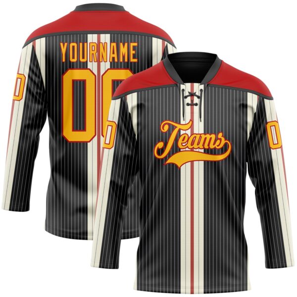 Custom Black Gold Cream-Red Stripe Hockey Lace Neck Jersey