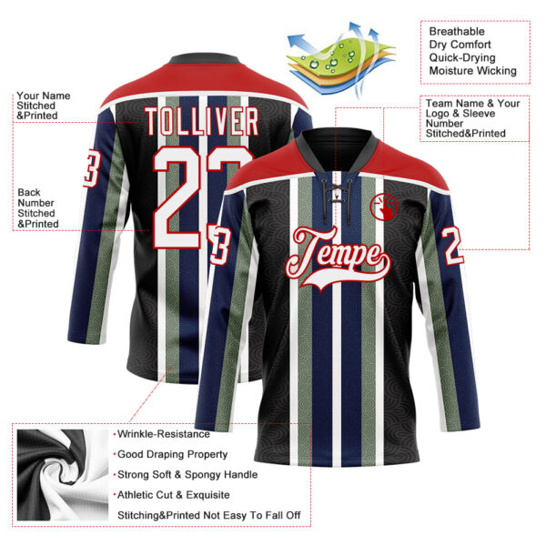 Custom Black White Green Navy-Red Stripe Hockey Lace Neck Jersey