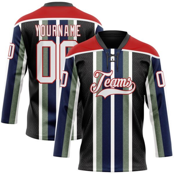 Custom Black White Green Navy-Red Stripe Hockey Lace Neck Jersey