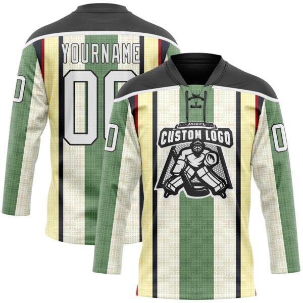 Custom Green White Cream Black-Red Stripe Hockey Lace Neck Jersey