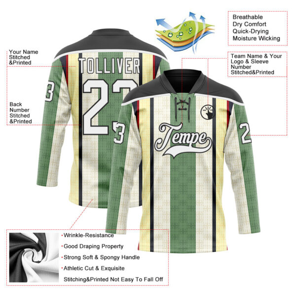 Custom Green White Cream Black-Red Stripe Hockey Lace Neck Jersey