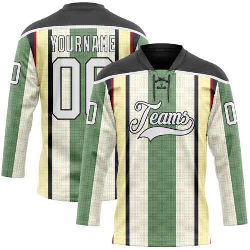 Custom Green White Cream Black-Red Stripe Hockey Lace Neck Jersey