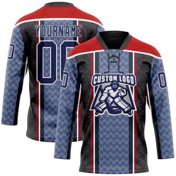 Custom Blue Navy Black Red-White Stripe Hockey Lace Neck Jersey