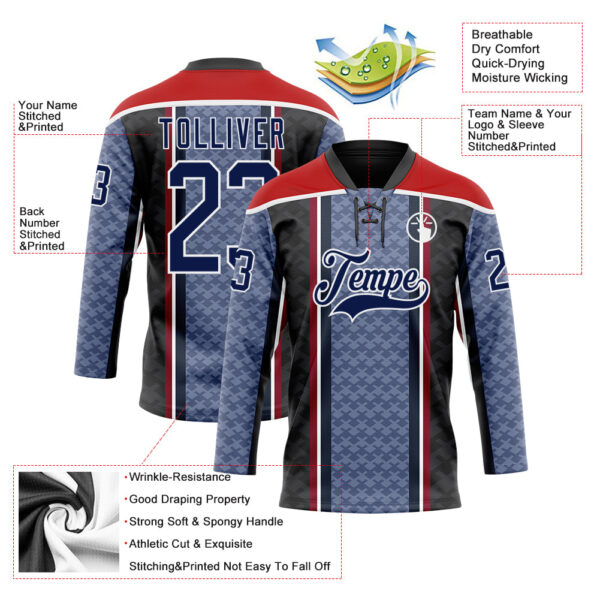 Custom Blue Navy Black Red-White Stripe Hockey Lace Neck Jersey