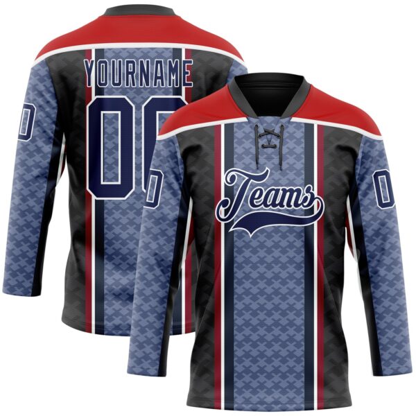 Custom Blue Navy Black Red-White Stripe Hockey Lace Neck Jersey
