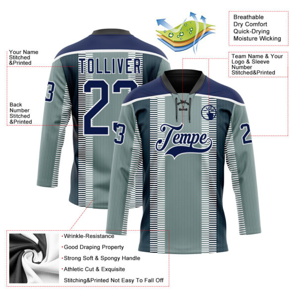 Custom Green Navy Black-White Stripe Hockey Lace Neck Jersey