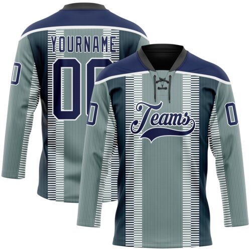 Custom Green Navy Black-White Stripe Hockey Lace Neck Jersey