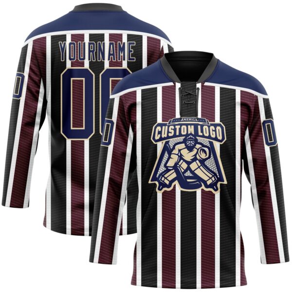 Custom Black Navy Red Cream-White Stripe Hockey Lace Neck Jersey