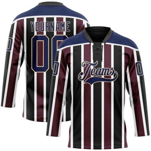 Custom Black Navy Red Cream-White Stripe Hockey Lace Neck Jersey