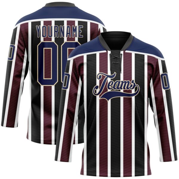 Custom Black Navy Red Cream-White Stripe Hockey Lace Neck Jersey