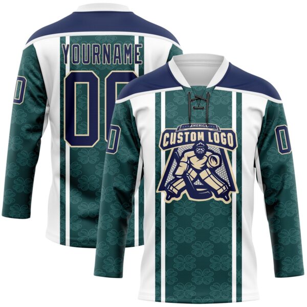 Custom Green Navy White-Cream Stripe Hockey Lace Neck Jersey